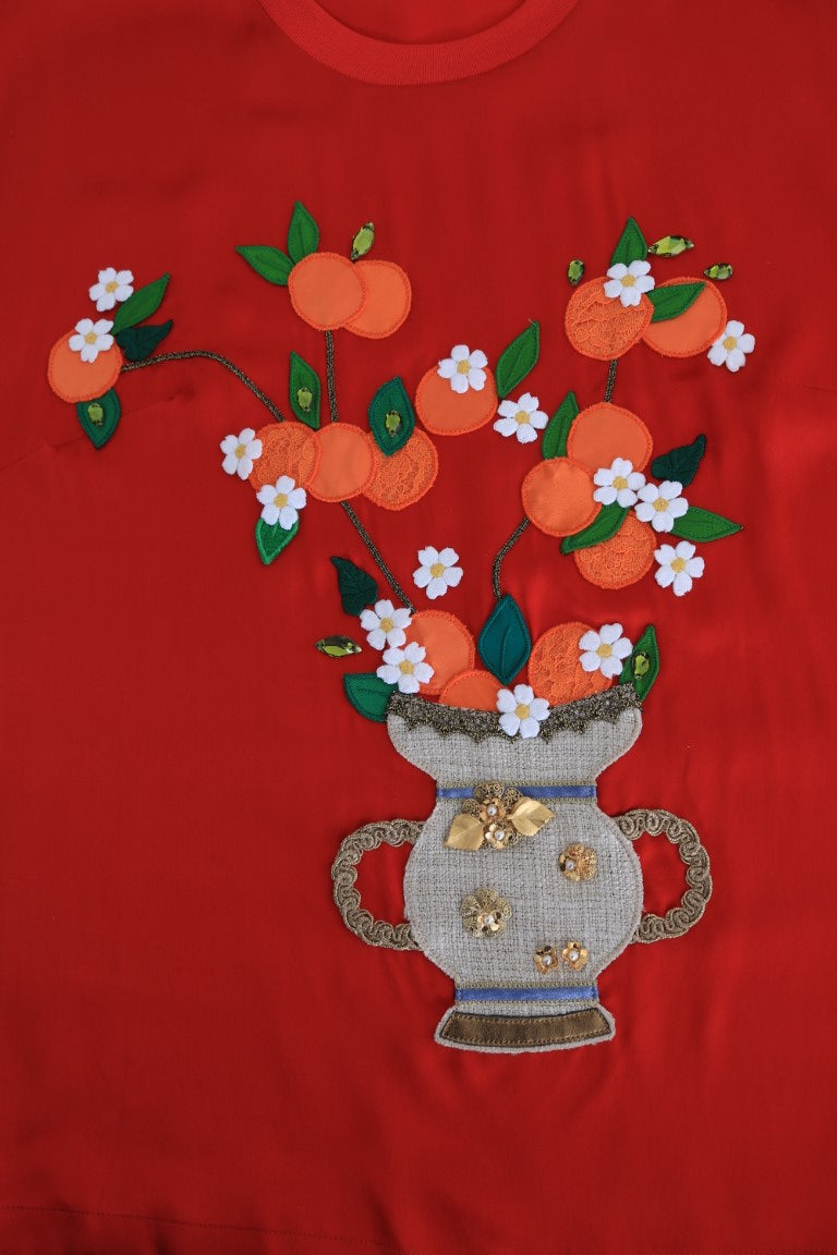 Dolce &amp; Gabbana Rote Seidenbluse mit orangefarbenem Blumenmuster und Kristallen