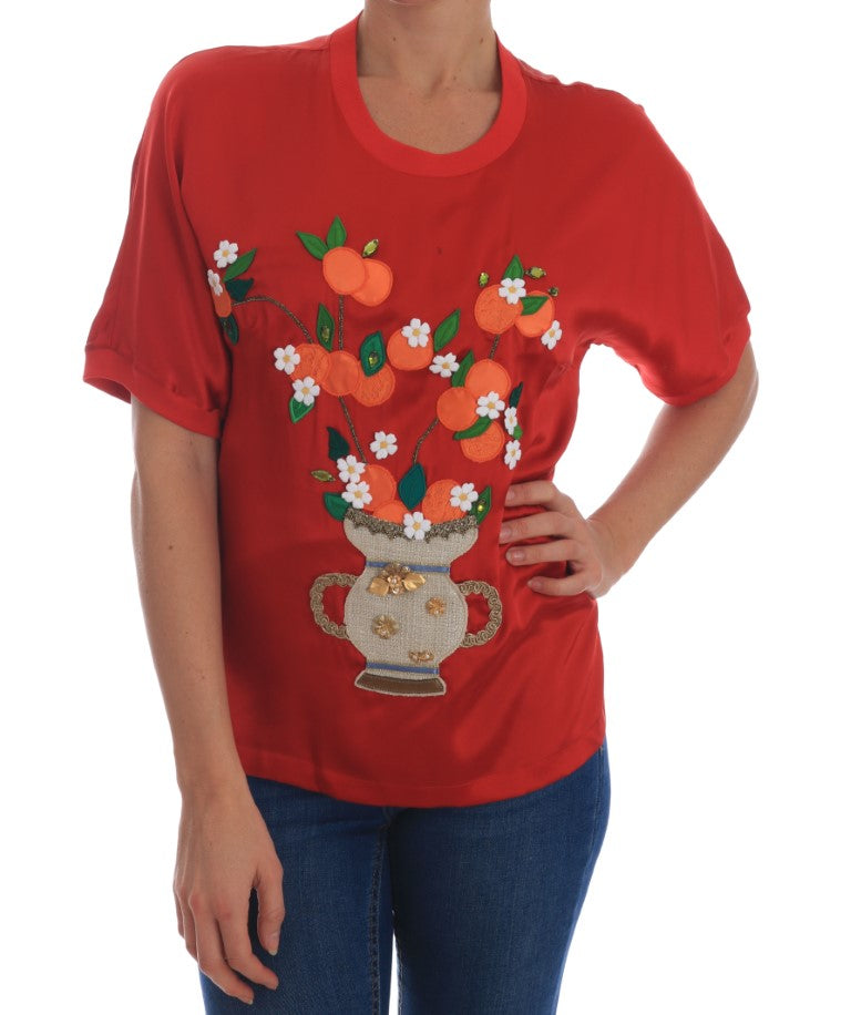 Dolce &amp; Gabbana Rote Seidenbluse mit orangefarbenem Blumenmuster und Kristallen