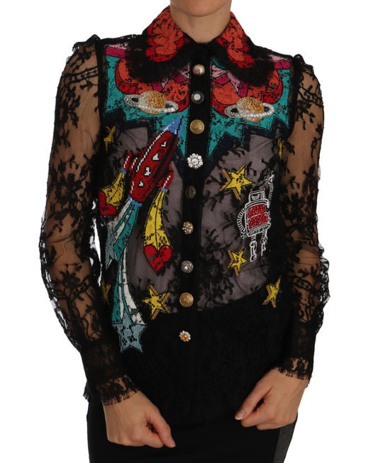 Chemise Dolce &amp; Gabbana en dentelle noire et cristaux SPACE