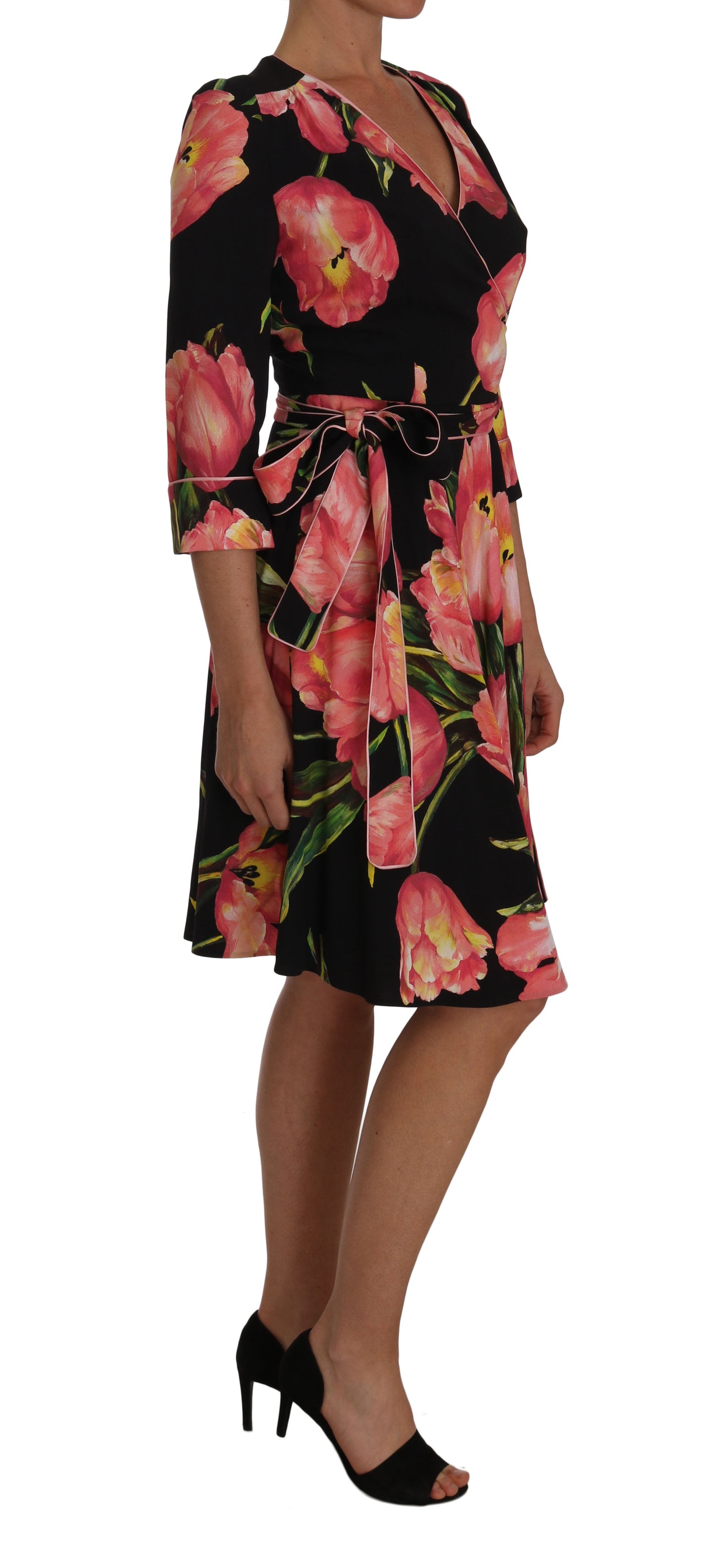 Robe droite extensible à imprimé tulipes noires et roses Dolce &amp; Gabbana