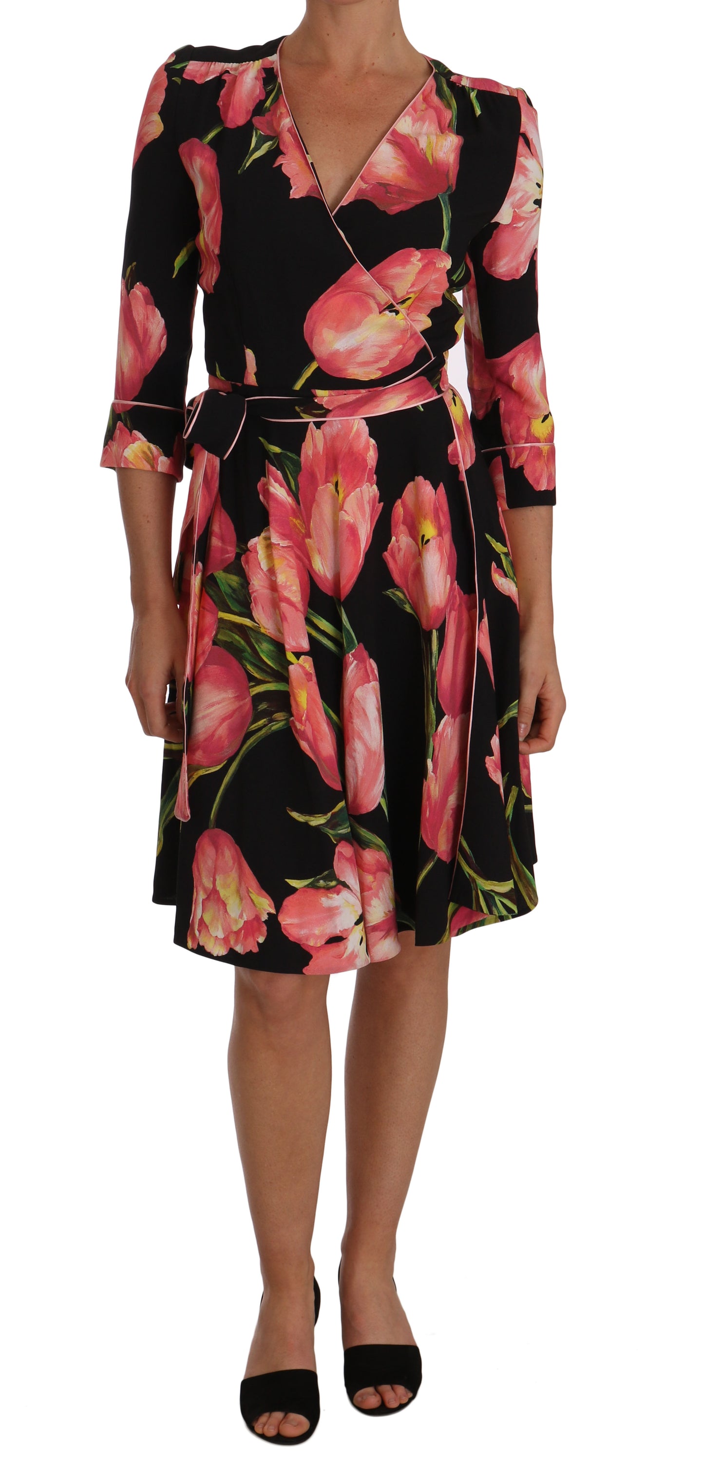 Robe droite extensible à imprimé tulipes noires et roses Dolce &amp; Gabbana