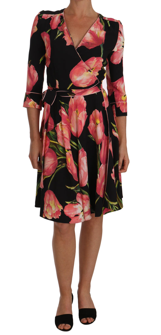 Robe droite extensible à imprimé tulipes noires et roses Dolce &amp; Gabbana