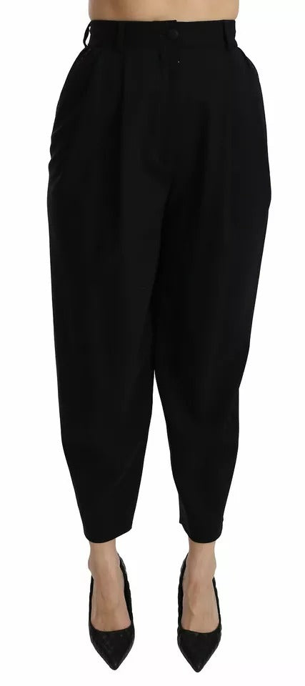 Pantalon court taille haute plissé en laine noire Dolce &amp; Gabbana