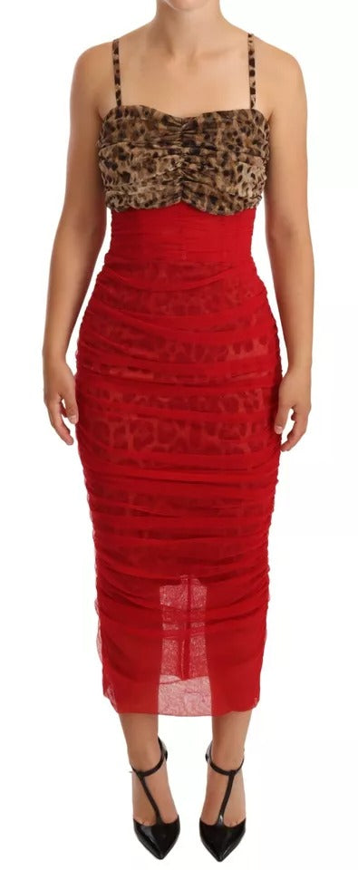 Robe fourreau mi-longue en tulle rouge léopard marron Dolce &amp; Gabbana