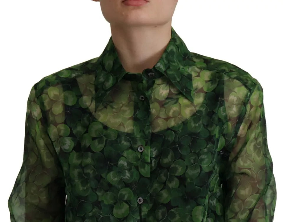 Dolce &amp; Gabbana – Bluse mit langen Ärmeln und Kragen im grünen Kleeblatt-Print