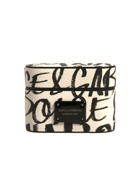 Étui pour Airpods Dolce &amp; Gabbana en cuir noir et blanc avec logo en relief