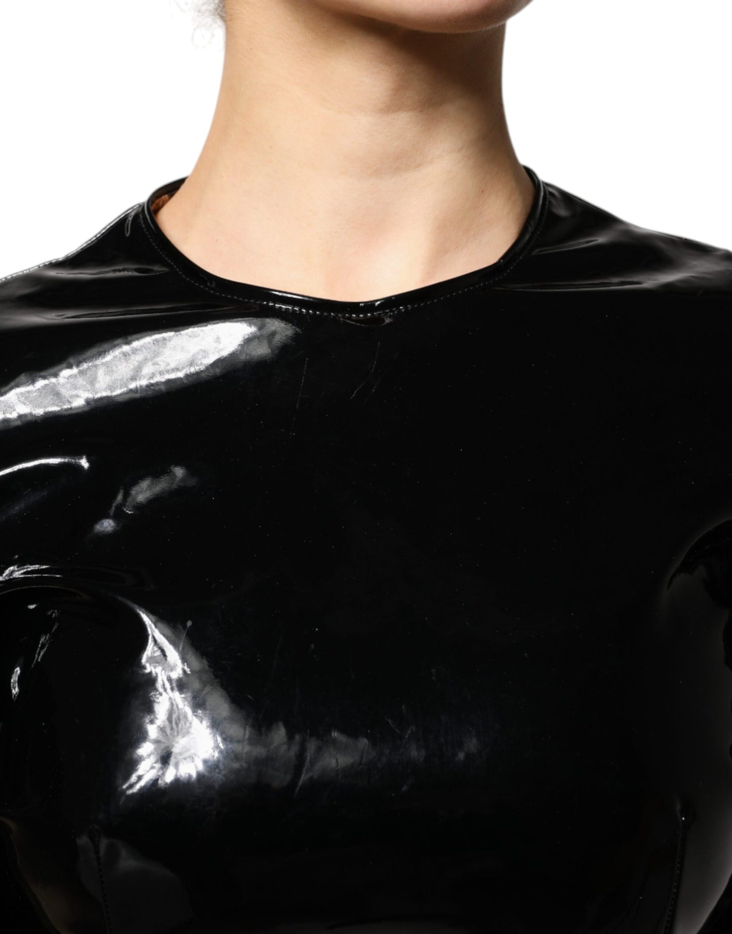 Mini-robe en cuir verni noir à manches bouffantes Dolce &amp; Gabbana