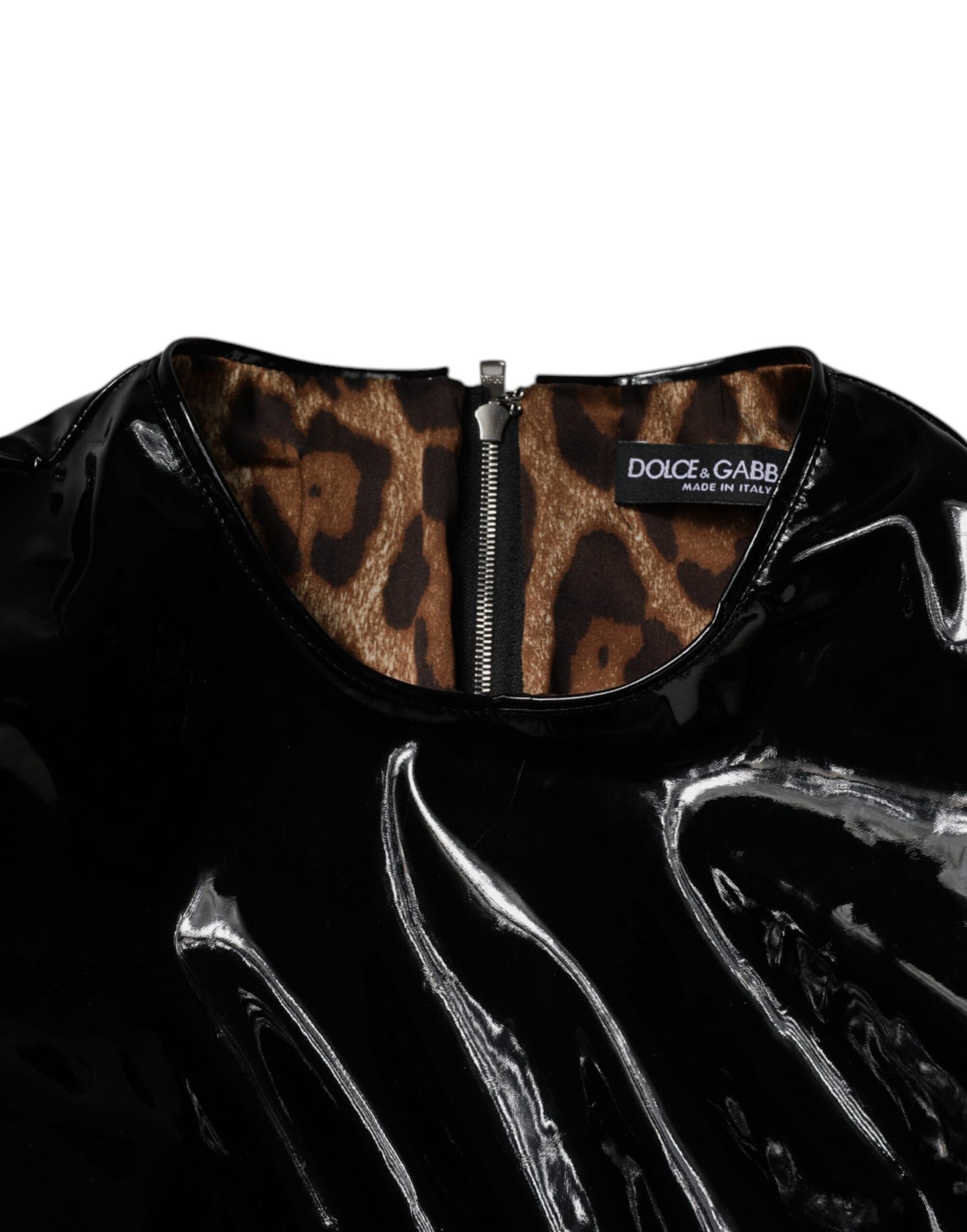 Mini-robe en cuir verni noir à manches bouffantes Dolce &amp; Gabbana