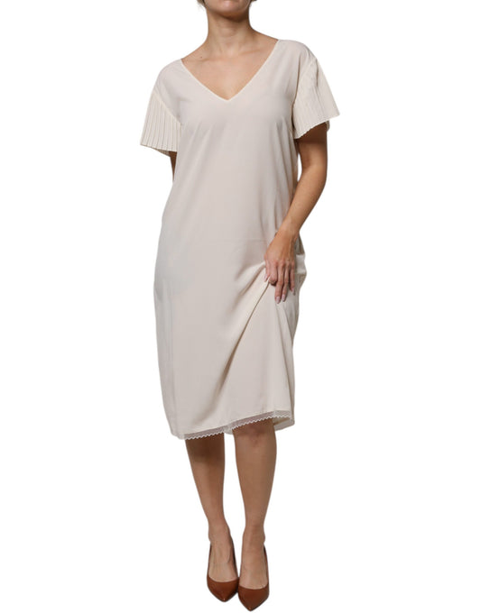 Robe mi-longue droite à manches courtes et col en V Peserico blanc cassé