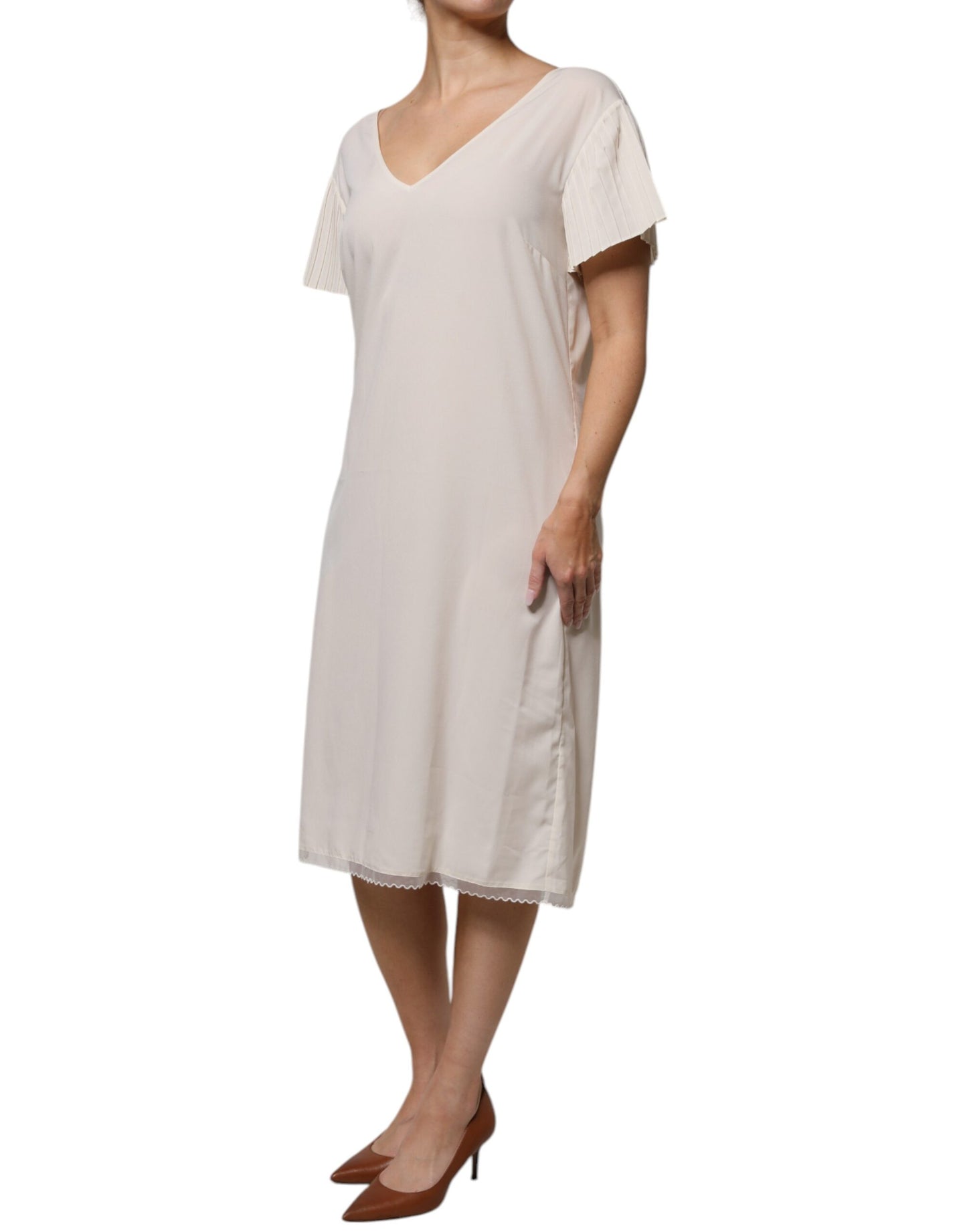 Robe mi-longue droite à manches courtes et col en V Peserico blanc cassé