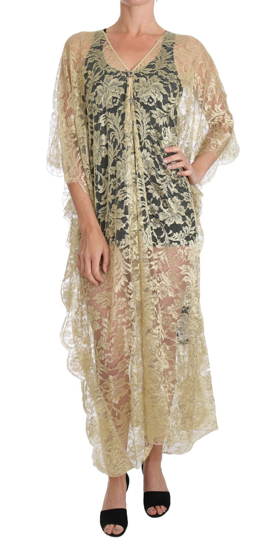 Robe cape en dentelle florale dorée et cristaux Dolce &amp; Gabbana