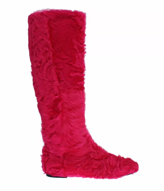 Bottes plates en cuir et fourrure d'agneau rose Dolce &amp; Gabbana