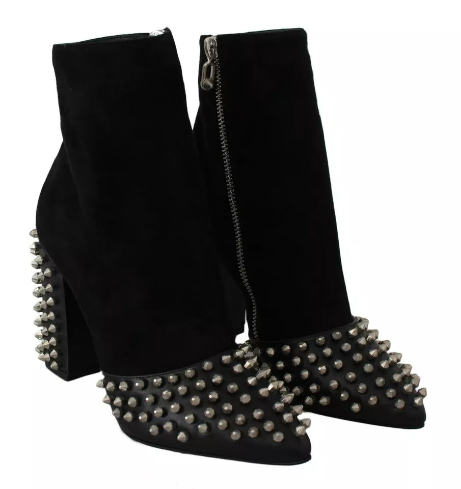 Philipp Plein Black Suede Studded Heels Ankle Boots Shoes