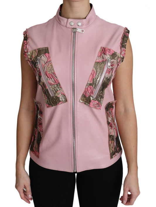 Dolce &amp; Gabbana Veste sans manches en cuir d'agneau rose à fermeture éclair
