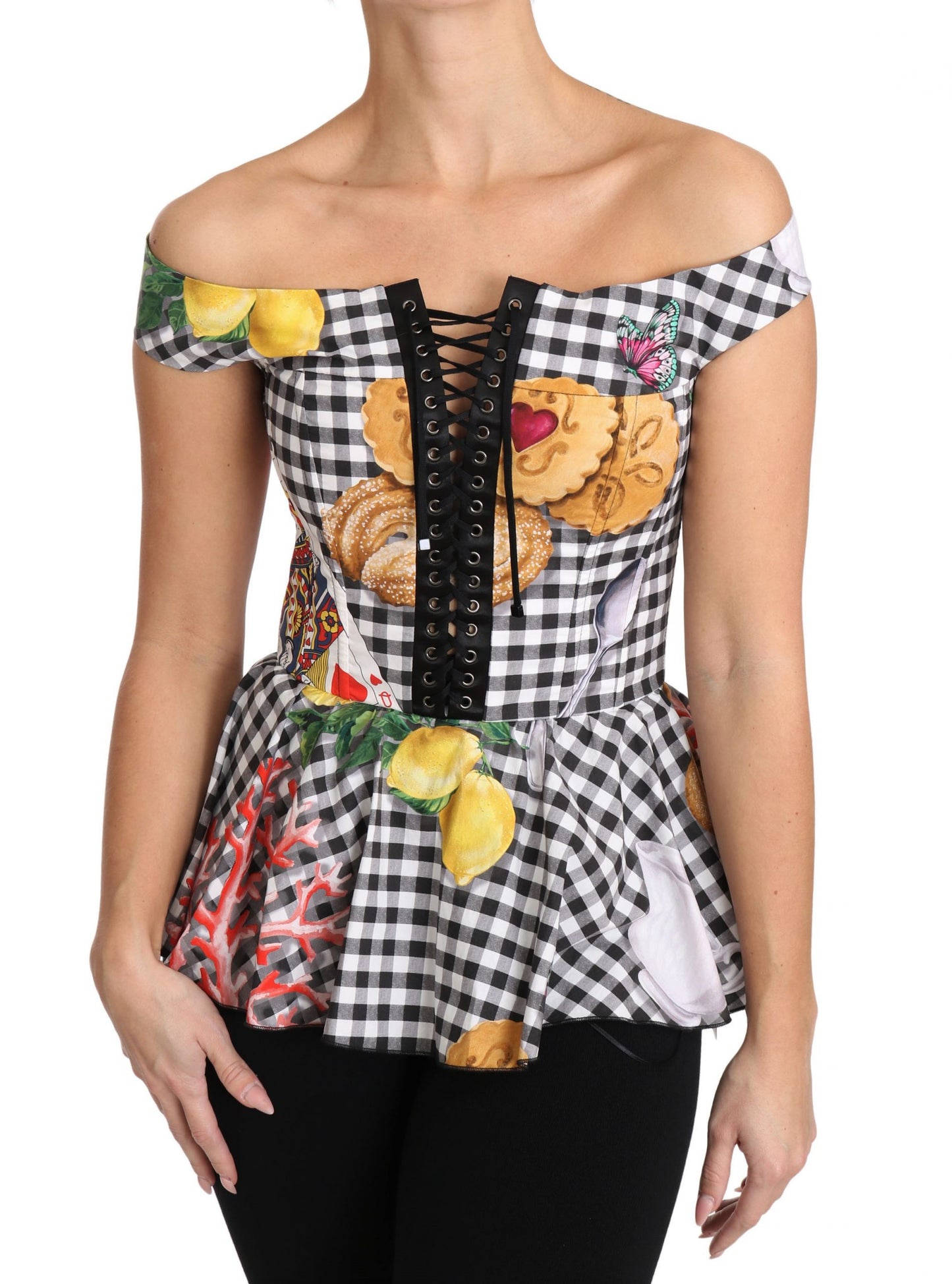 Chemisier corset noir et blanc Dolce &amp; Gabbana, haut à carreaux citron Sicile