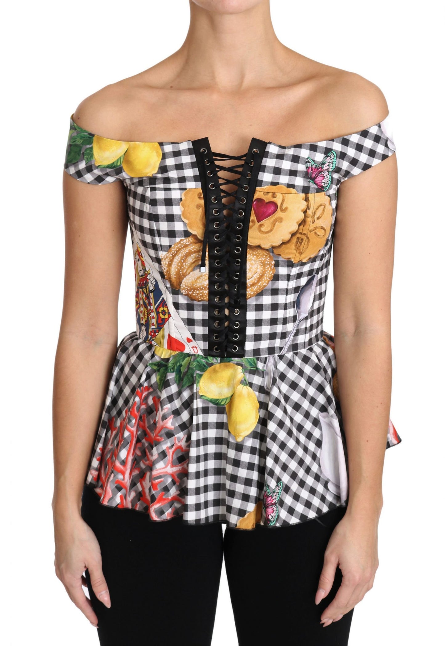Chemisier corset noir et blanc Dolce &amp; Gabbana, haut à carreaux citron Sicile