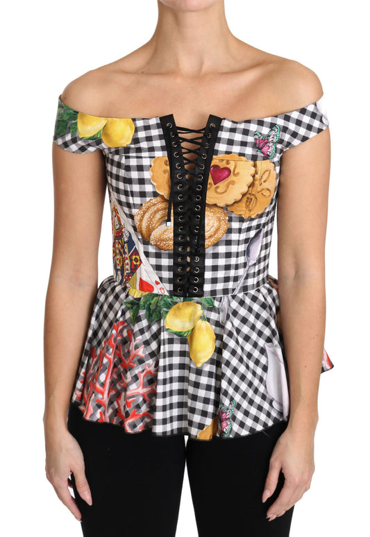 Chemisier corset noir et blanc Dolce &amp; Gabbana, haut à carreaux citron Sicile