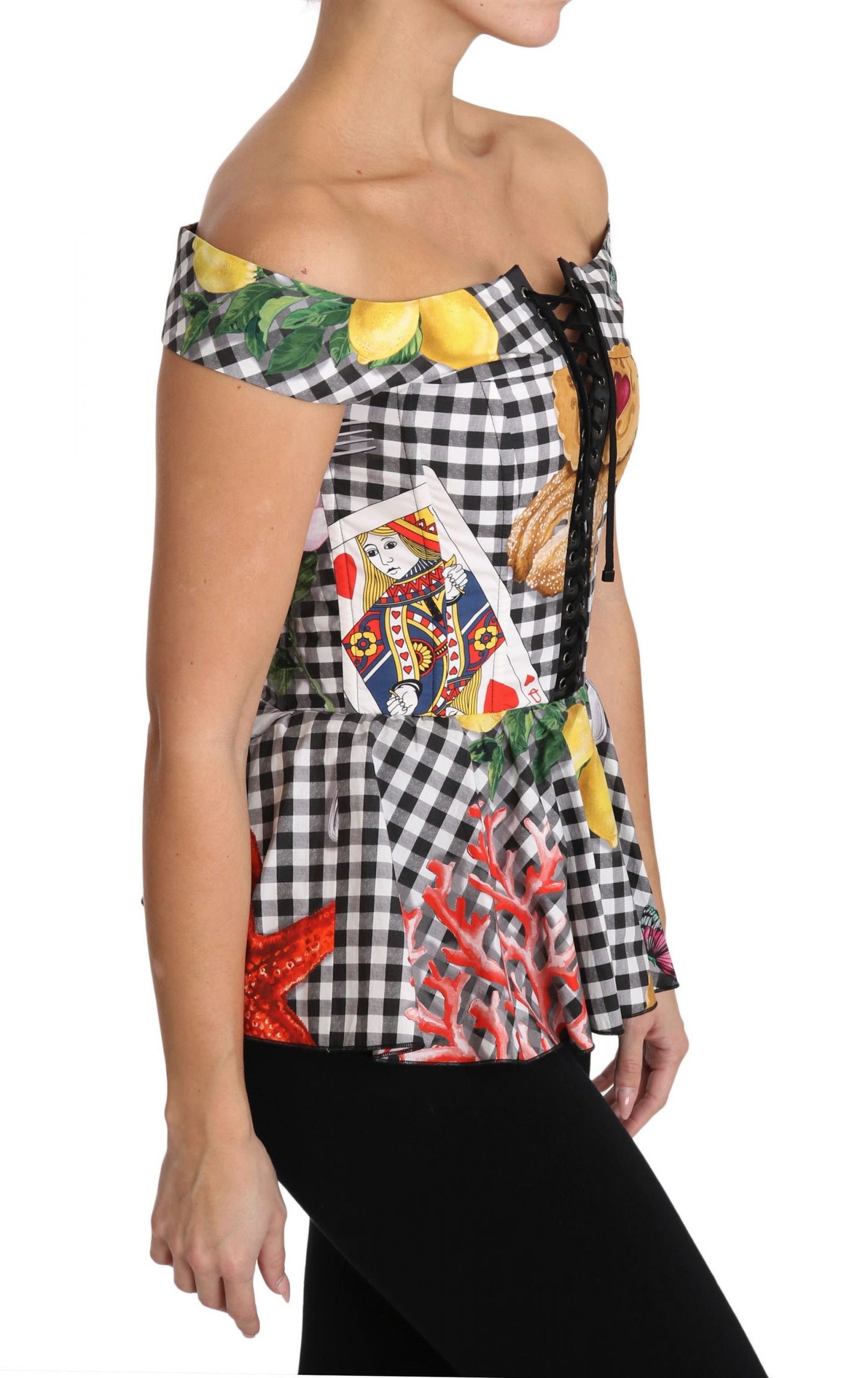 Chemisier corset noir et blanc Dolce &amp; Gabbana, haut à carreaux citron Sicile