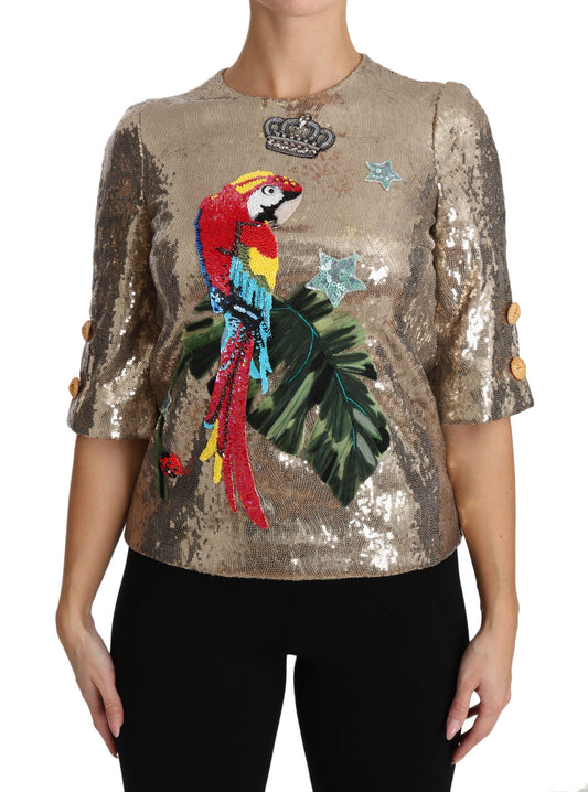 Chemisier Dolce &amp; Gabbana à paillettes dorées et cristaux perroquets