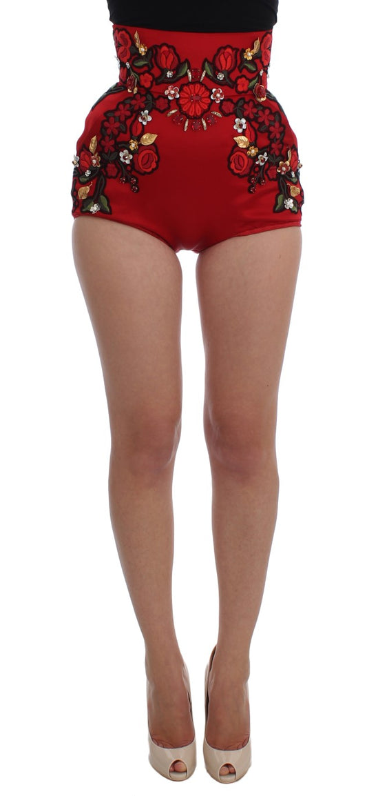 Dolce &amp; Gabbana Rote Seidenshorts mit Kristallrosen 