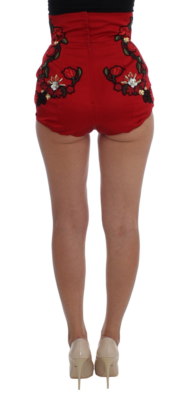 Dolce &amp; Gabbana Rote Seidenshorts mit Kristallrosen 