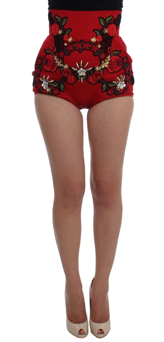 Dolce &amp; Gabbana Rote Seidenshorts mit Kristallrosen 