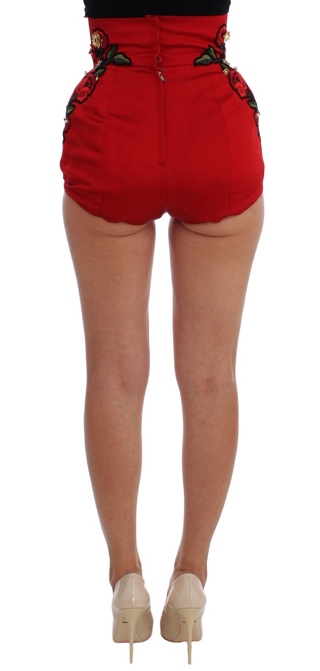 Dolce &amp; Gabbana Rote Seidenshorts mit Kristallrosen 