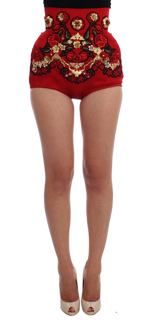 Dolce &amp; Gabbana Rote Seidenshorts mit Kristallrosen 