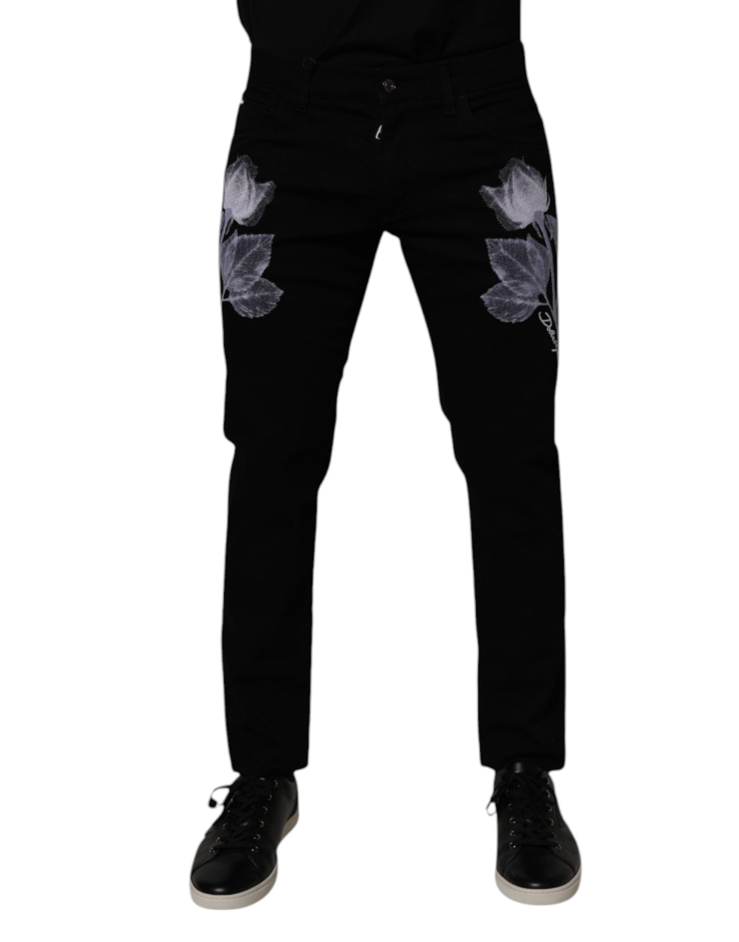 Dolce & Gabbana Black Floral Cotton Skinny Men Denim Jeans