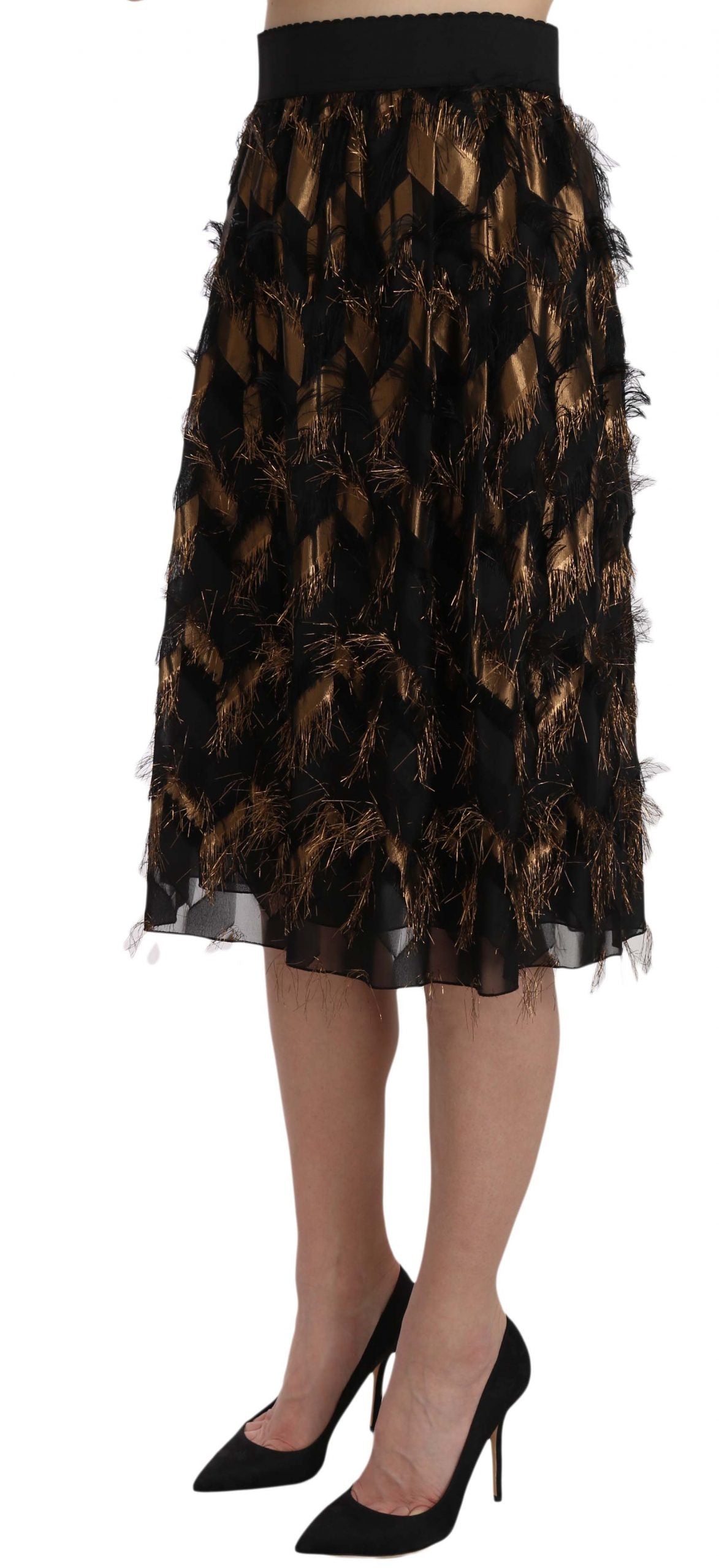 Jupe crayon trapèze métallisée à franges noires et dorées Dolce &amp; Gabbana