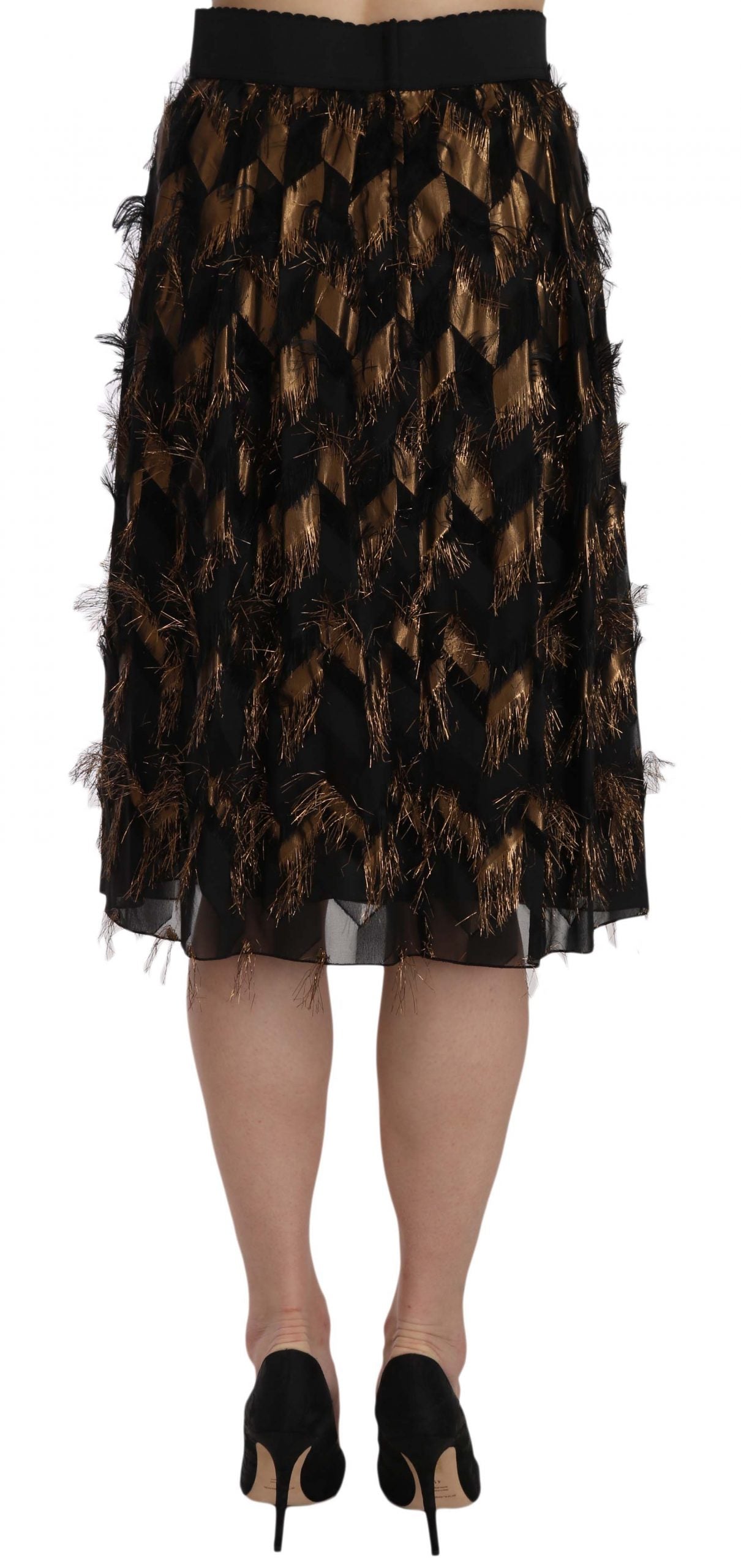Jupe crayon trapèze métallisée à franges noires et dorées Dolce &amp; Gabbana