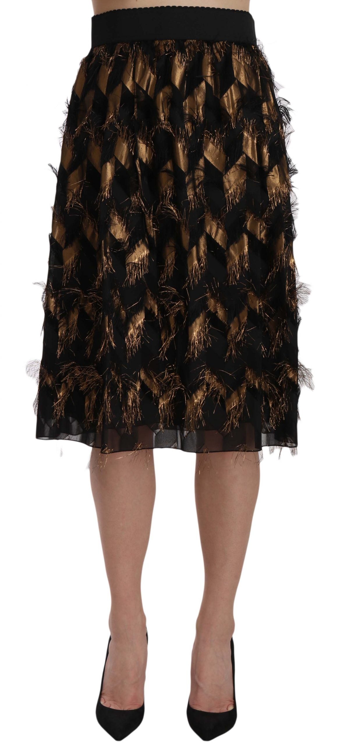 Jupe crayon trapèze métallisée à franges noires et dorées Dolce &amp; Gabbana