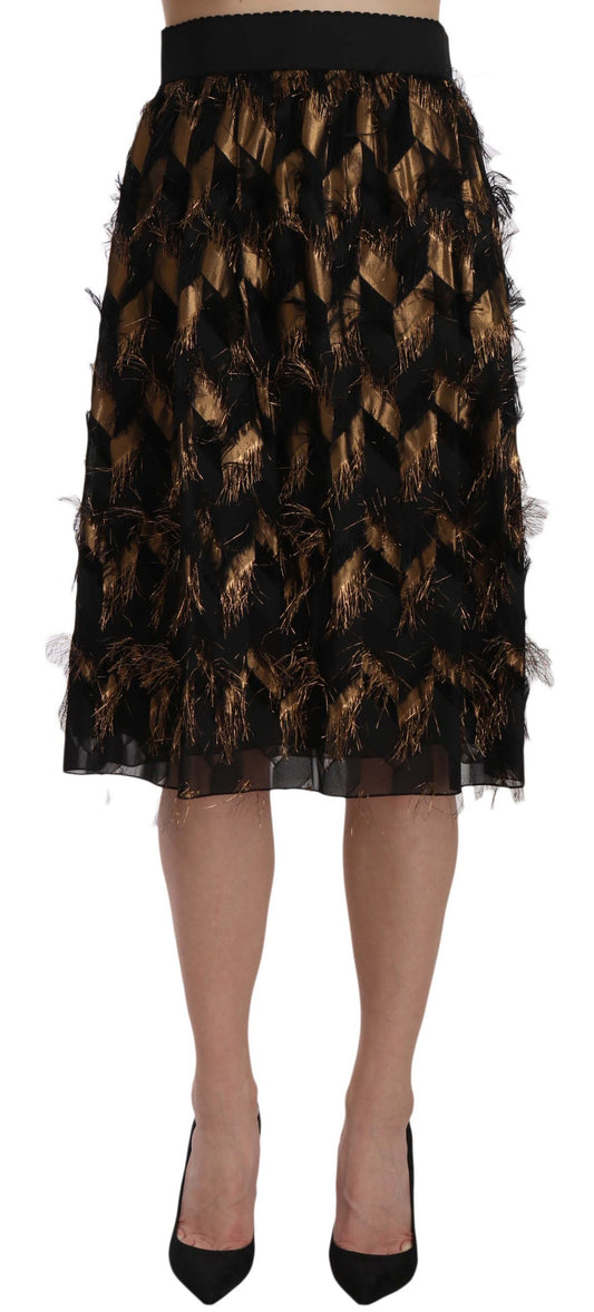 Jupe crayon trapèze métallisée à franges noires et dorées Dolce &amp; Gabbana