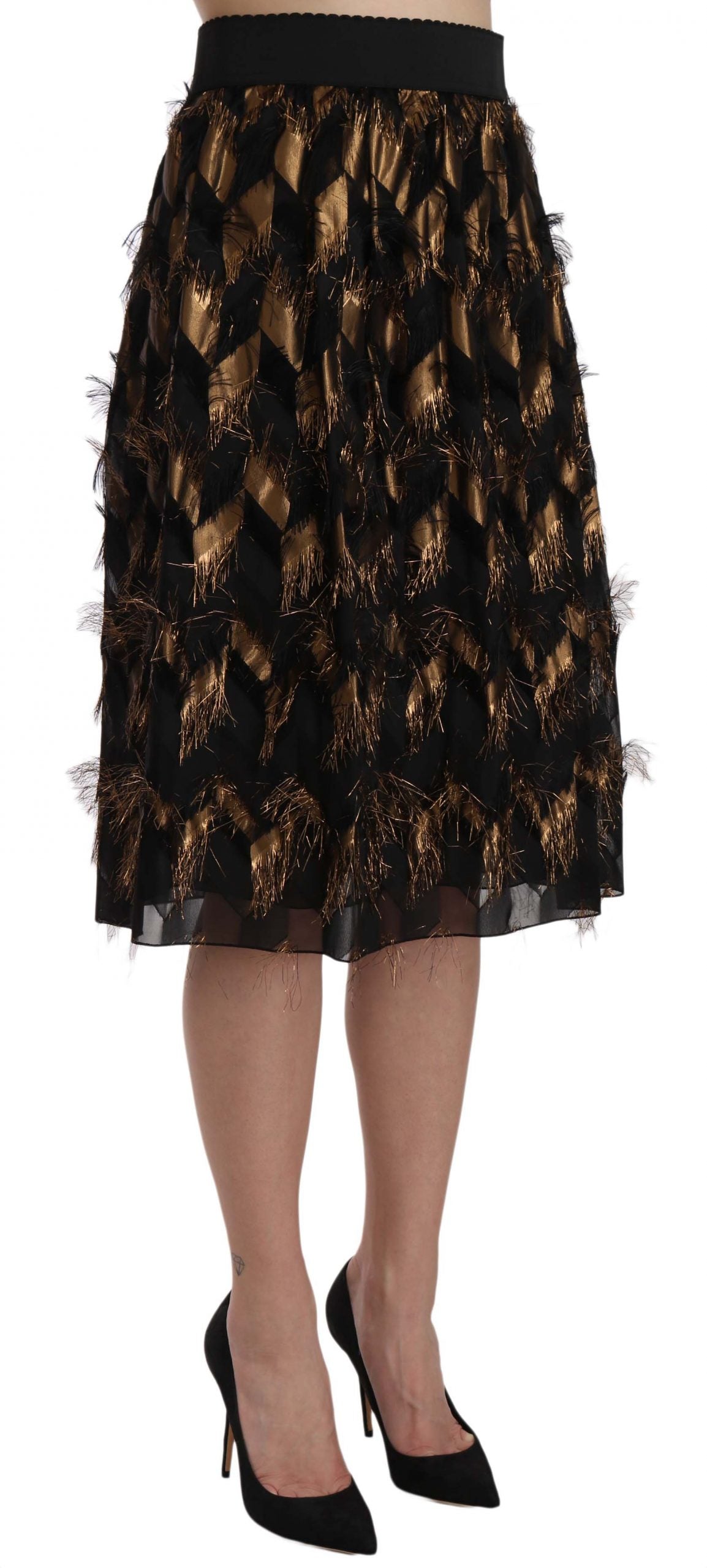 Jupe crayon trapèze métallisée à franges noires et dorées Dolce &amp; Gabbana