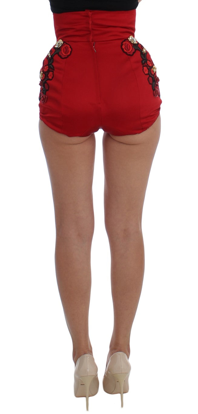 Dolce &amp; Gabbana Rote Seidenshorts mit Kristallrosen 