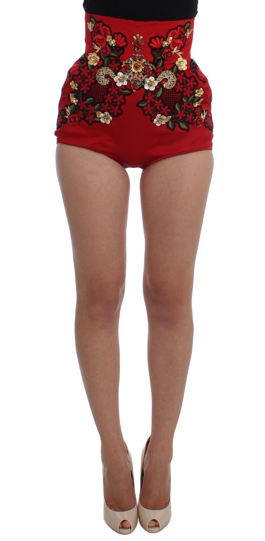 Dolce &amp; Gabbana Rote Seidenshorts mit Kristallrosen 