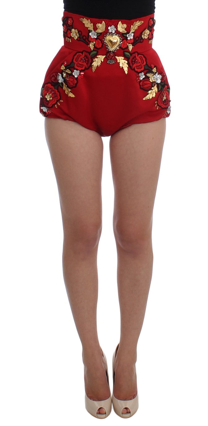 Dolce &amp; Gabbana Rote Seidenshorts mit Kristallrosen 