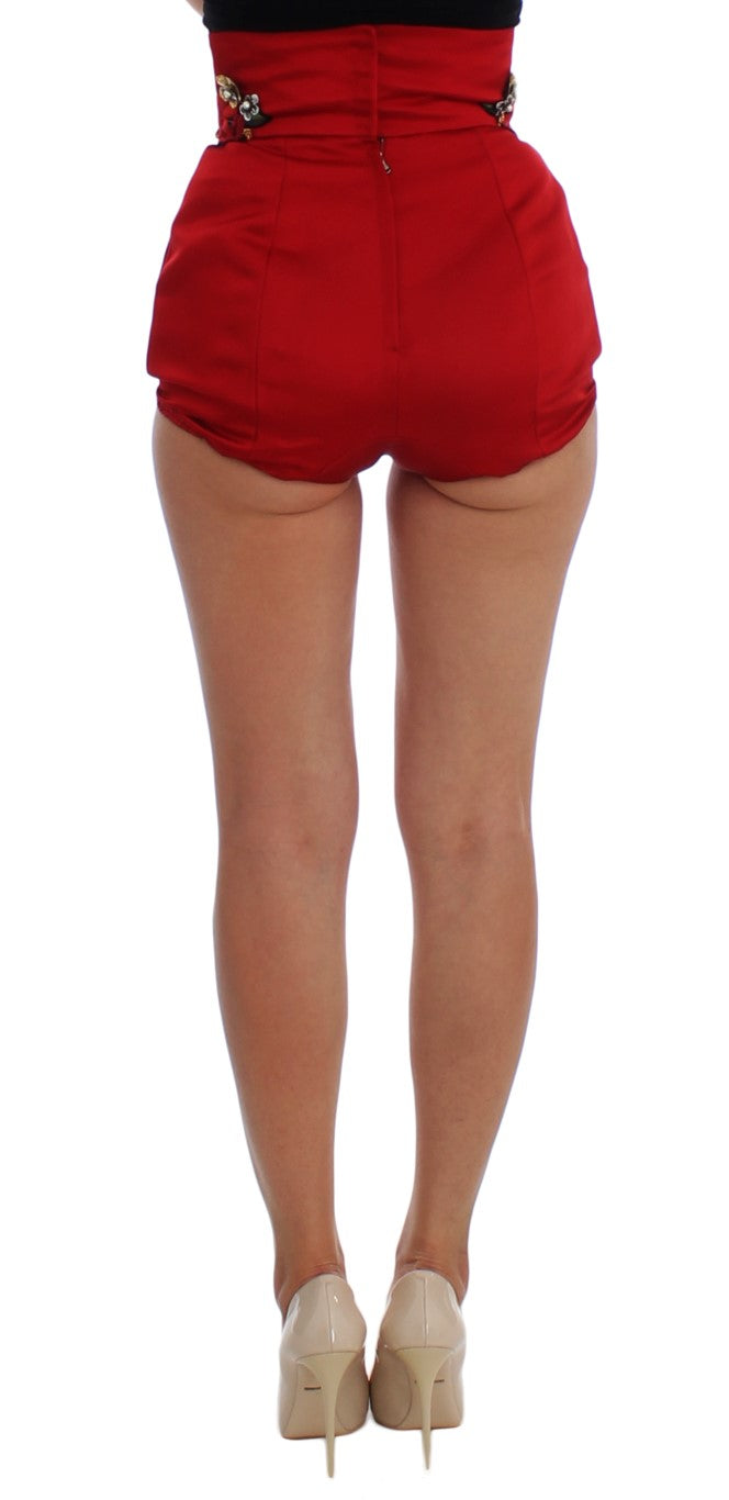 Dolce &amp; Gabbana Rote Seidenshorts mit Kristallrosen 