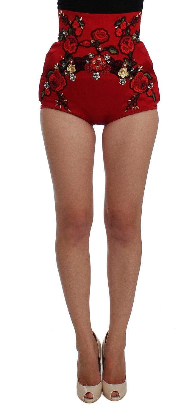 Dolce &amp; Gabbana Rote Seidenshorts mit Kristallrosen 