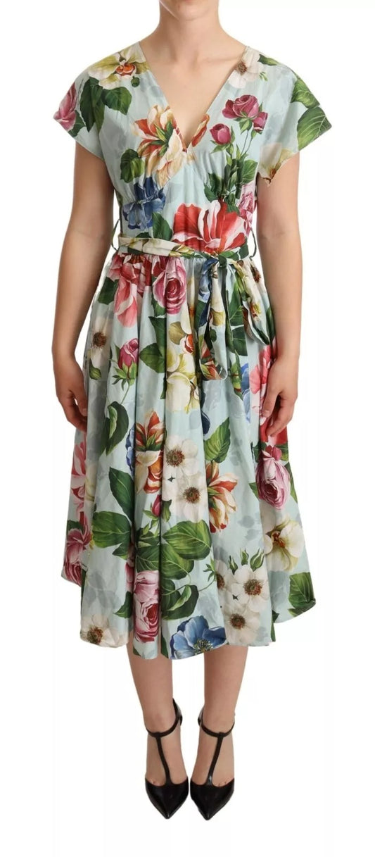 Robe à col en V en coton à manches courtes et imprimé floral vert Dolce &amp; Gabbana