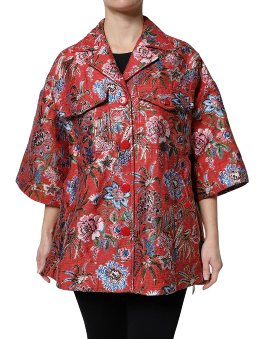 Dolce &amp; Gabbana – Rote Jacquard-Manteljacke mit Knopfleiste und Blumenmuster