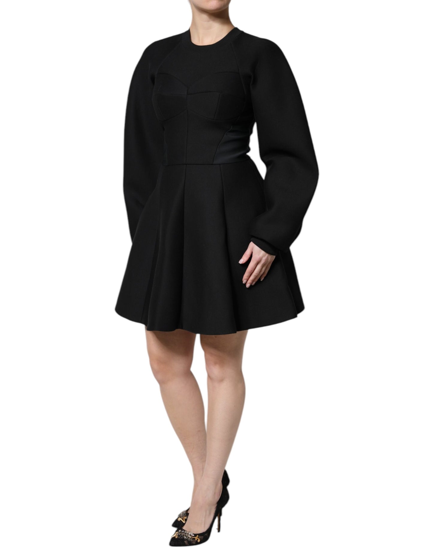 Robe courte trapèze à manches longues en coton noir Dolce &amp; Gabbana