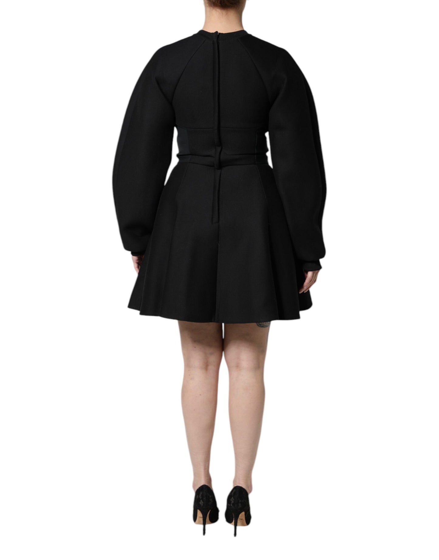 Robe courte trapèze à manches longues en coton noir Dolce &amp; Gabbana