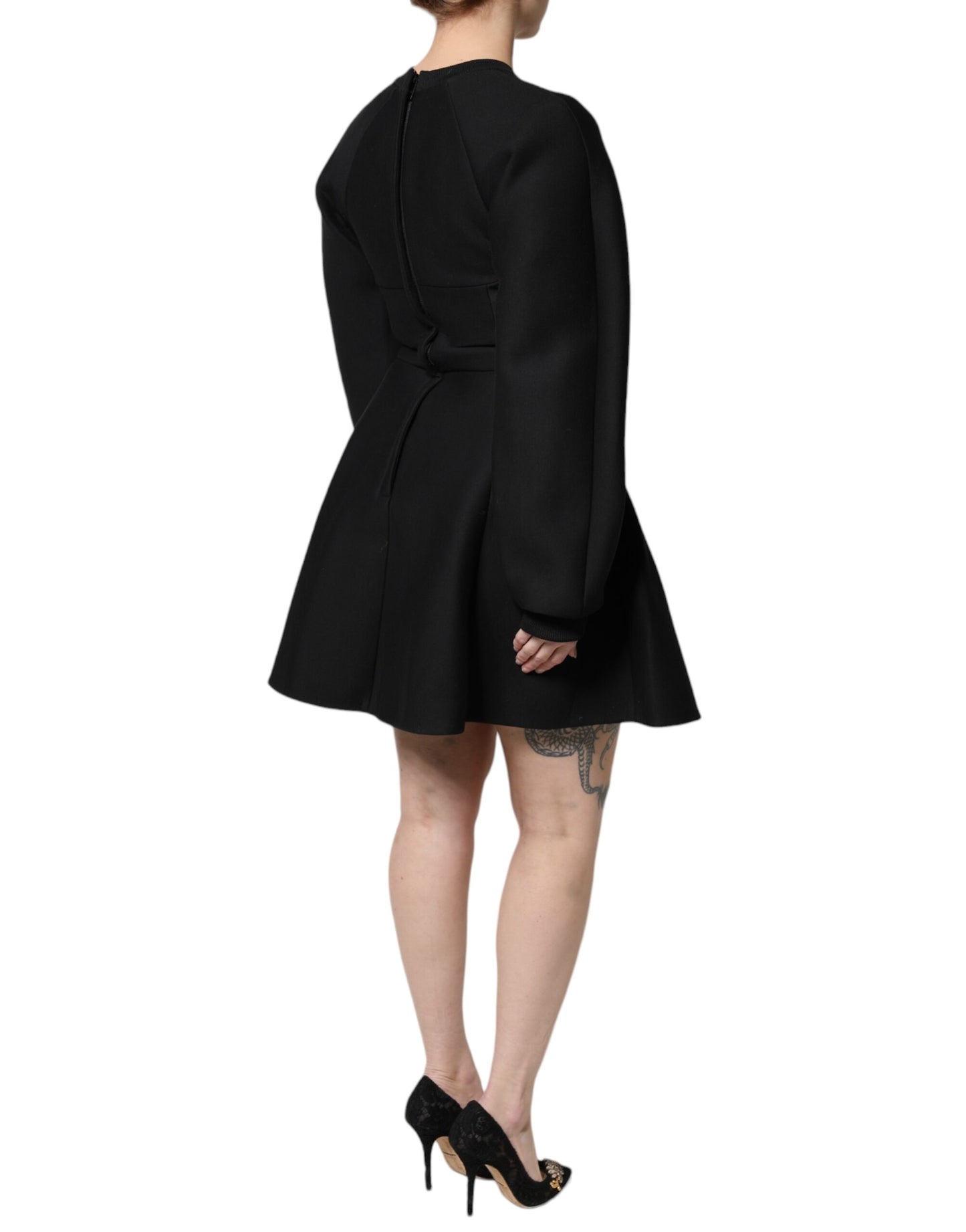 Robe courte trapèze à manches longues en coton noir Dolce &amp; Gabbana