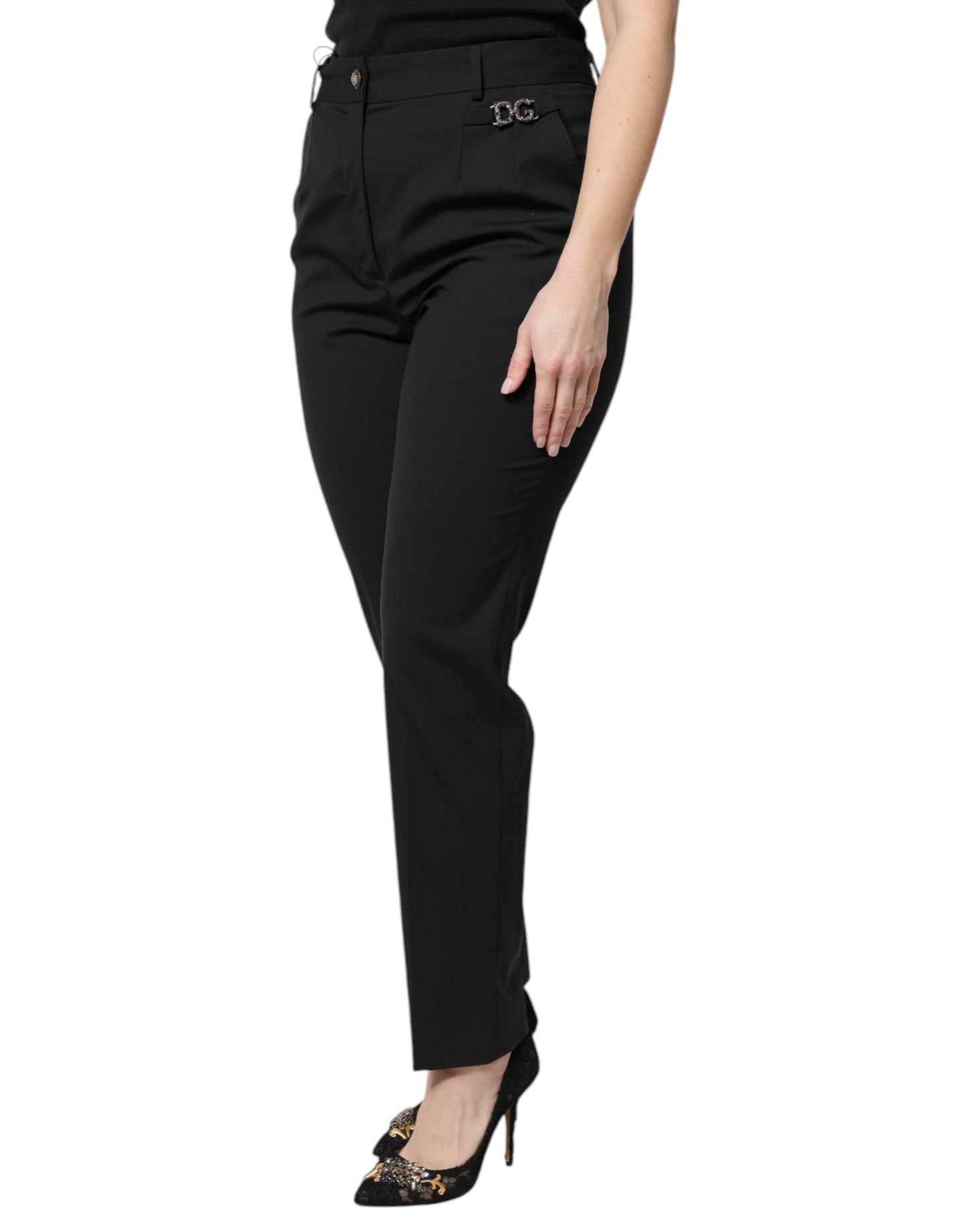 Pantalon habillé taille haute en polyester noir Dolce &amp; Gabbana