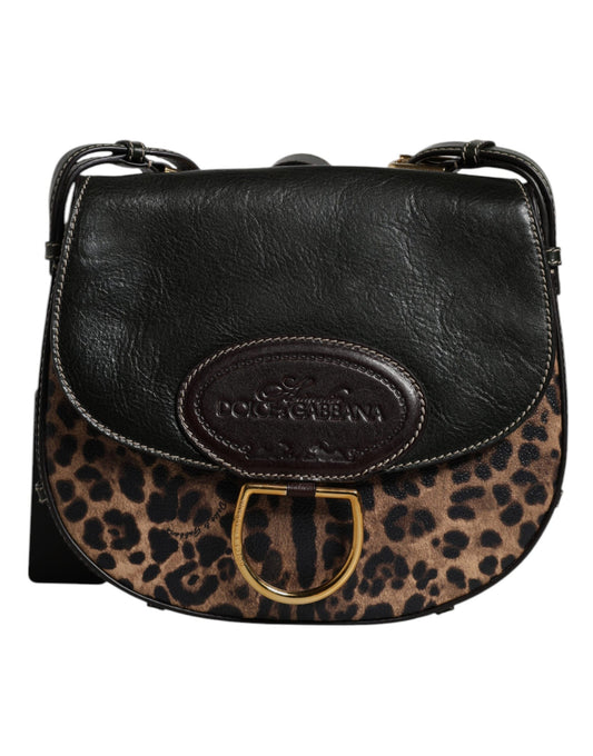 Sac à bandoulière en cuir léopard noir et marron Dolce &amp; Gabbana