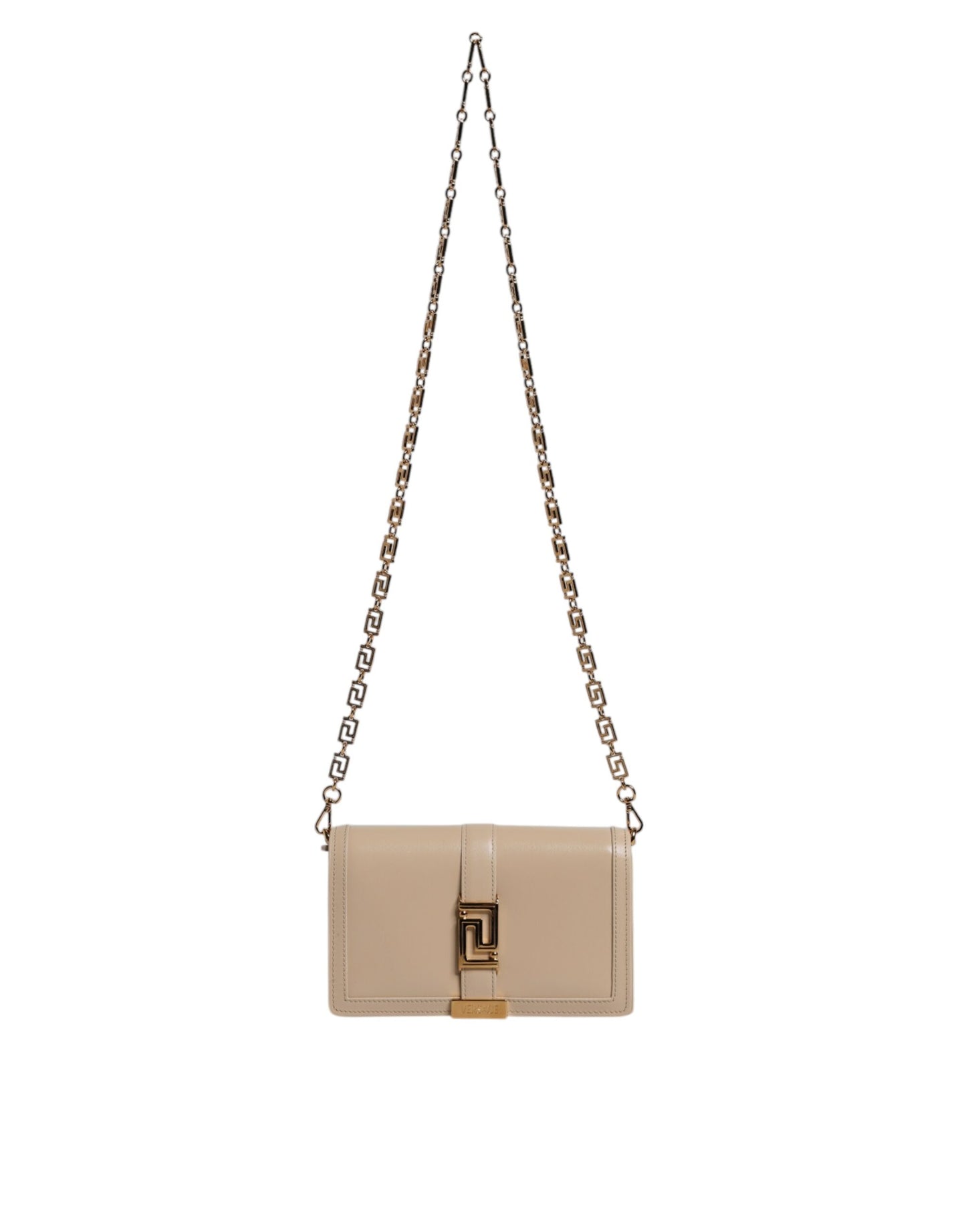 Versace – Umhängetasche aus Kalbsleder mit Goldkette in Beige