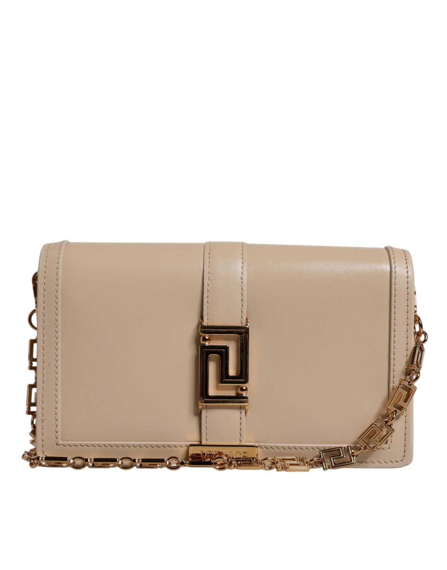 Versace – Umhängetasche aus Kalbsleder mit Goldkette in Beige