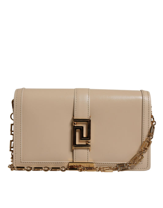 Versace – Umhängetasche aus Kalbsleder mit Goldkette in Beige