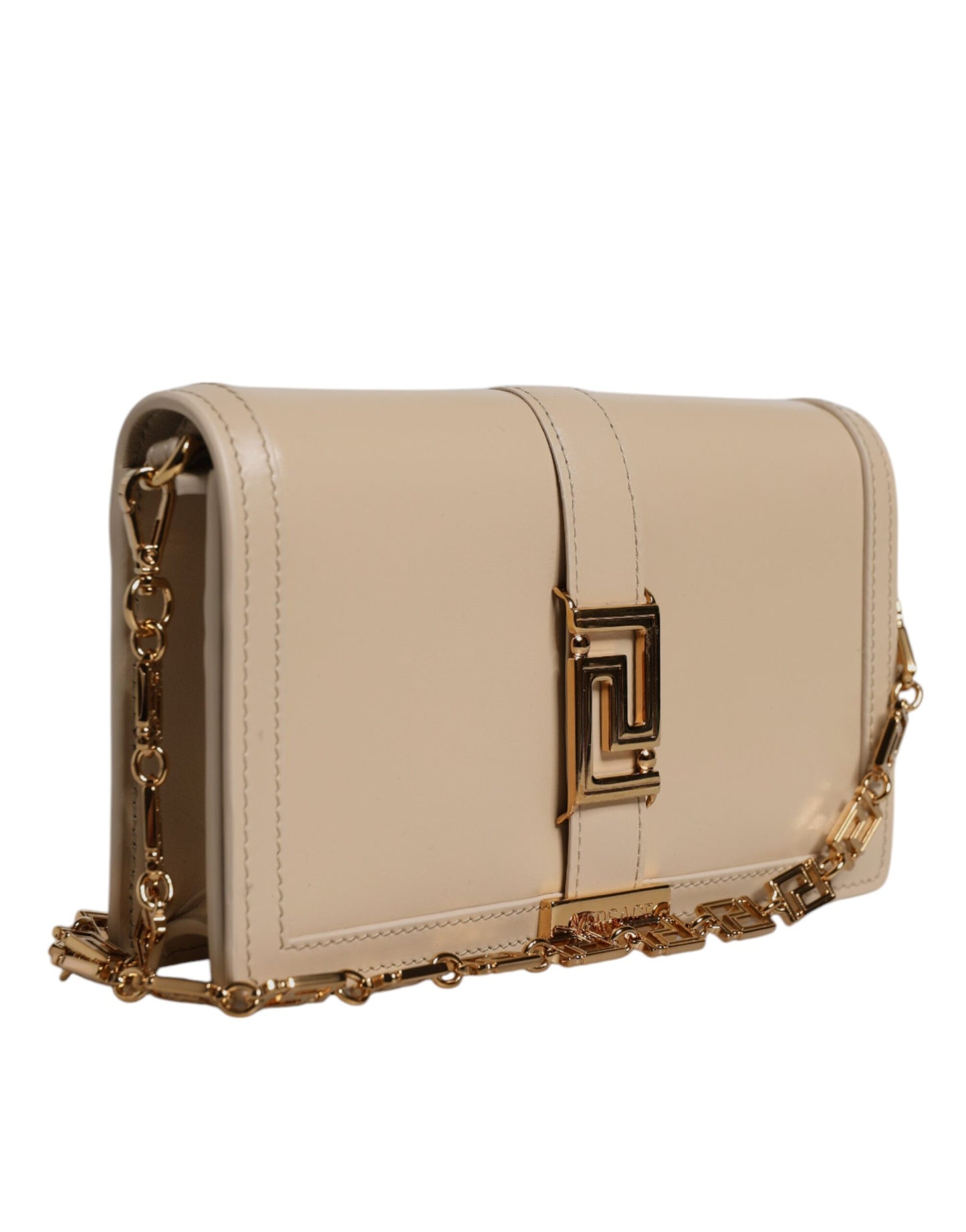 Versace – Umhängetasche aus Kalbsleder mit Goldkette in Beige